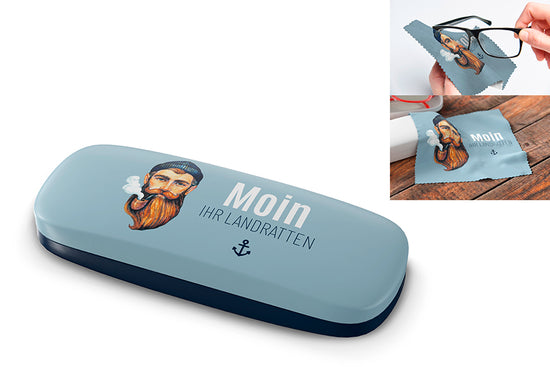 Maritimes Brillenetui „Moin ihr Landratten“ mit Seemann-Motiv und passendem Putztuch von Geschenk für Dich