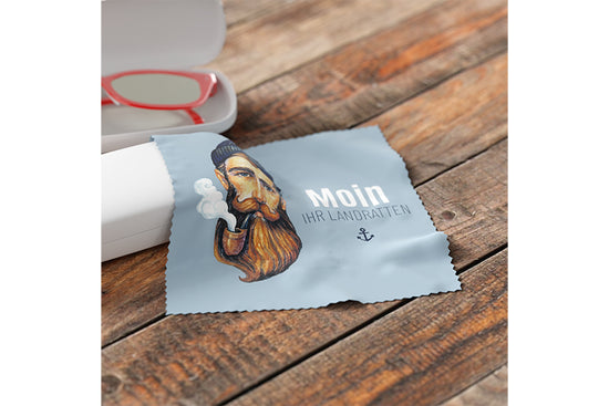 Maritimes Brillenetui „Moin ihr Landratten“ mit Seemann-Motiv und passendem Putztuch von Geschenk für Dich