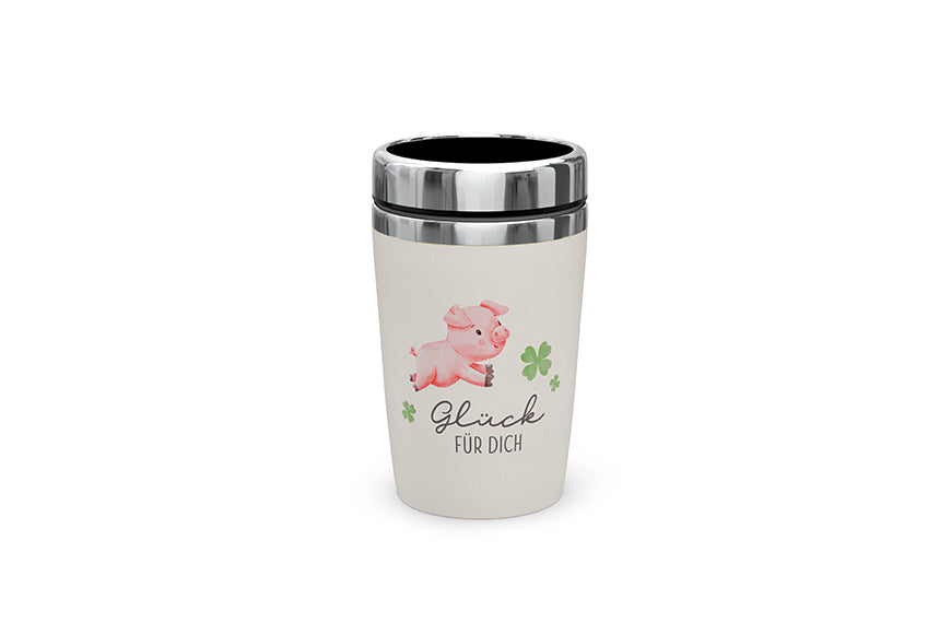 Thermobecher to go „Glück für Dich“ von Geschenk für Dich – robuster Edelstahl-Kunststoff-Becher mit Glücksschweinchen &Kleeblattmotiv