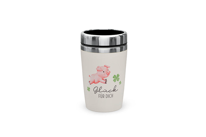 Thermobecher to go „Glück für Dich“ von Geschenk für Dich – robuster Edelstahl-Kunststoff-Becher mit Glücksschweinchen &Kleeblattmotiv