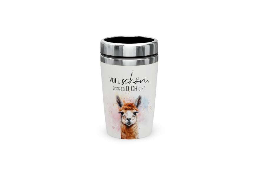 Geschenk für Dich Thermobecher to go mit Alpaka Motiv und Spruch „Voll schön, dass es Dich gibt“