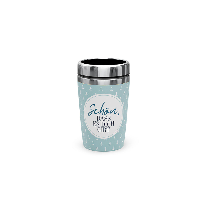 Maritimer Thermobecher to go mit Aufschrift "Schön, dass es Dich gibt" und Anker Motiv von Geschenk für Dich, Blau Weißer Coffee to go Becher
