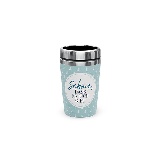 Maritimer Thermobecher to go mit Aufschrift "Schön, dass es Dich gibt" und Anker Motiv von Geschenk für Dich, Blau Weißer Coffee to go Becher