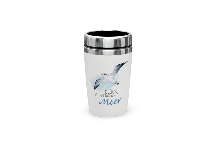 Geschenk für Dich Thermobecher to go „Glück ist ein Tag am Meer“ – Möwenmotiv, Maritimer Becher