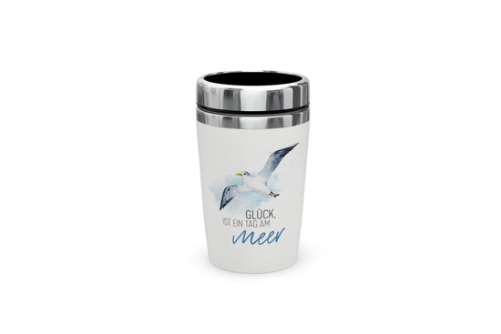 Geschenk für Dich Thermobecher to go „Glück ist ein Tag am Meer“ – Möwenmotiv, Maritimer Becher