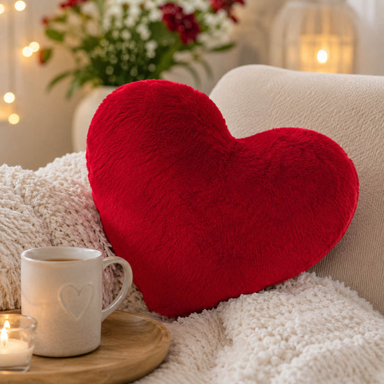 Rotes Plüsch-Herzkissen auf hellem Sofa mit Kerze und Tasse, gemütliche Szene