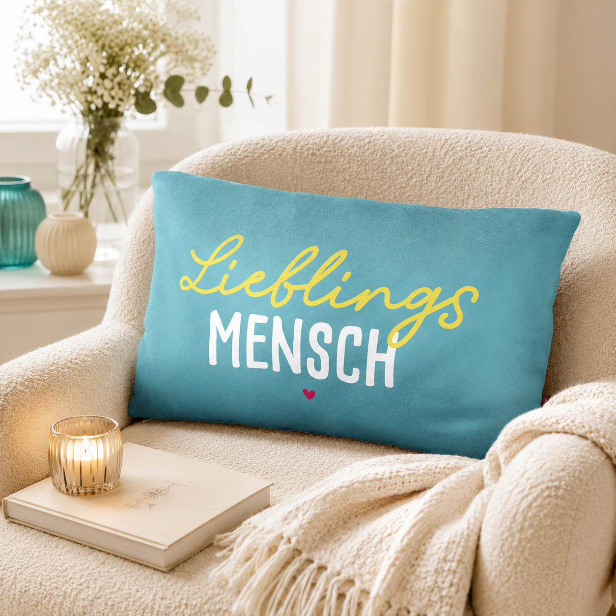 Kissen „Lieblingsmensch“ Petrol – Geschenk für Dich (Moodbild)