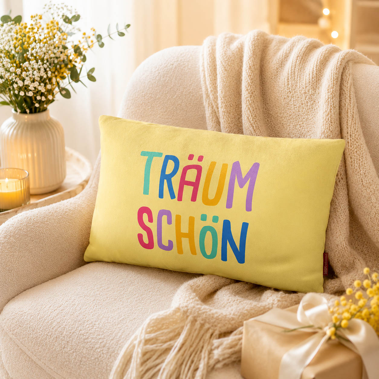 Kissen „Träumschön“ Gelb – Geschenk für Dich (Moodbild)