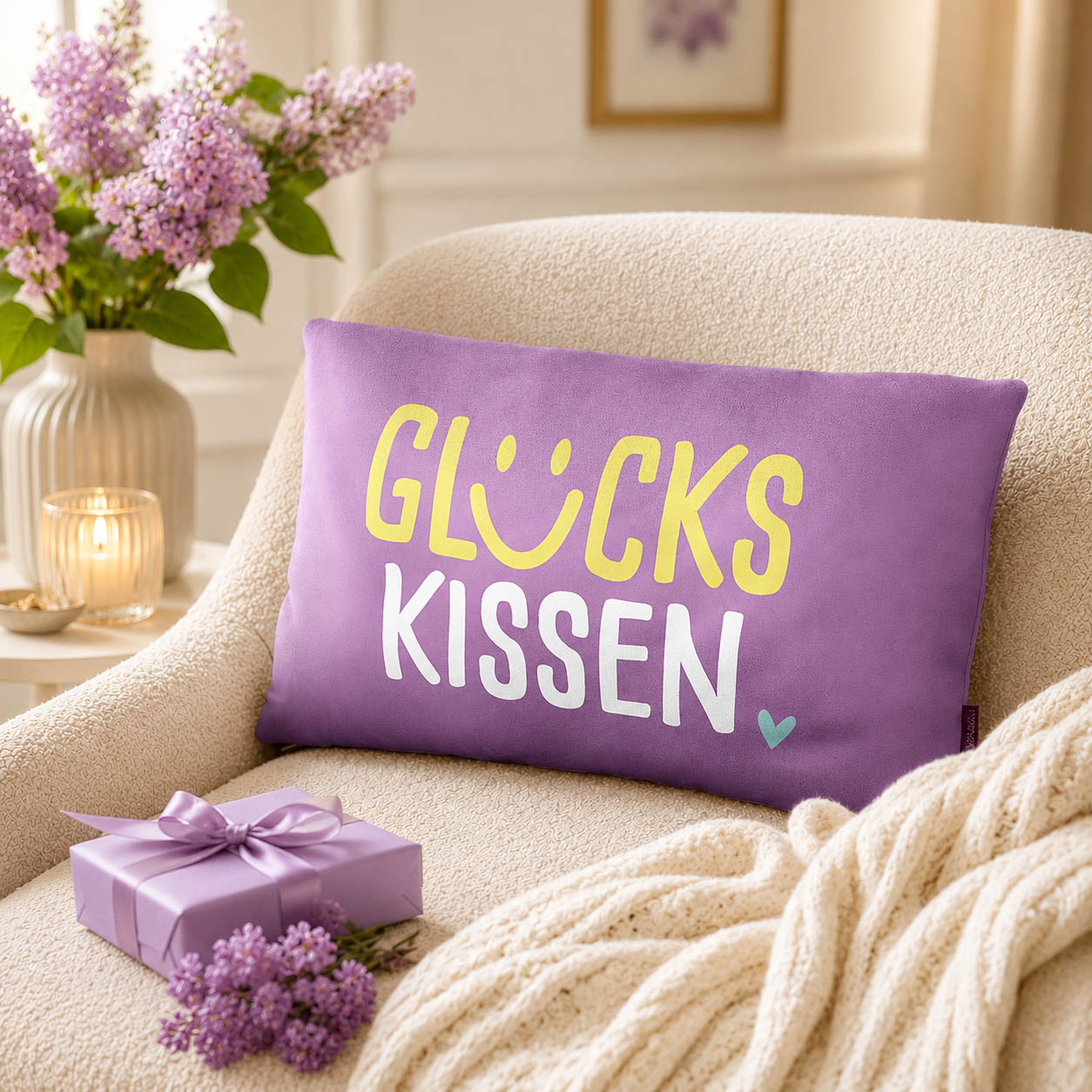 Kissen „Glückskissen“ Violett – Geschenk für Dich (Moodbild)