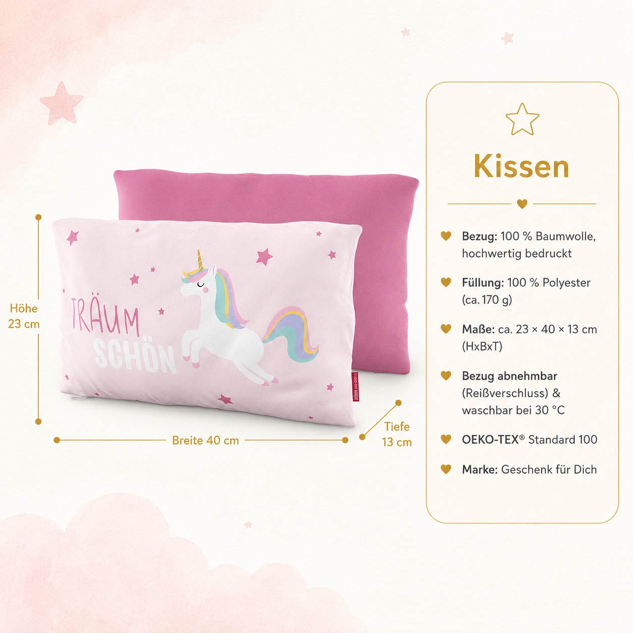 Produktdetails Kissen: 23 x 40 x 13 cm, Bezug 100 Prozent Baumwolle, Füllung 100 Prozent Polyester 170 g, waschbar bei 30 Grad, OEKO-TEX Standard 100
