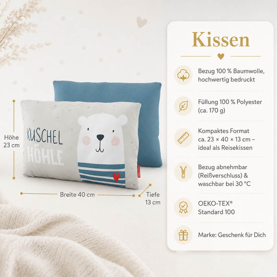 Produktdetails Kissen: 23 x 40 x 13 cm, Bezug 100 Prozent Baumwolle, Füllung 100 Prozent Polyester 170 g, waschbar bei 30 Grad, OEKO-TEX Standard 100