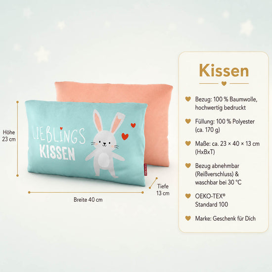 Produktdetails Kissen: 23 x 40 x 13 cm, Bezug 100 Prozent Baumwolle, Füllung 100 Prozent Polyester 170 g, waschbar bei 30 Grad, OEKO-TEX Standard 100