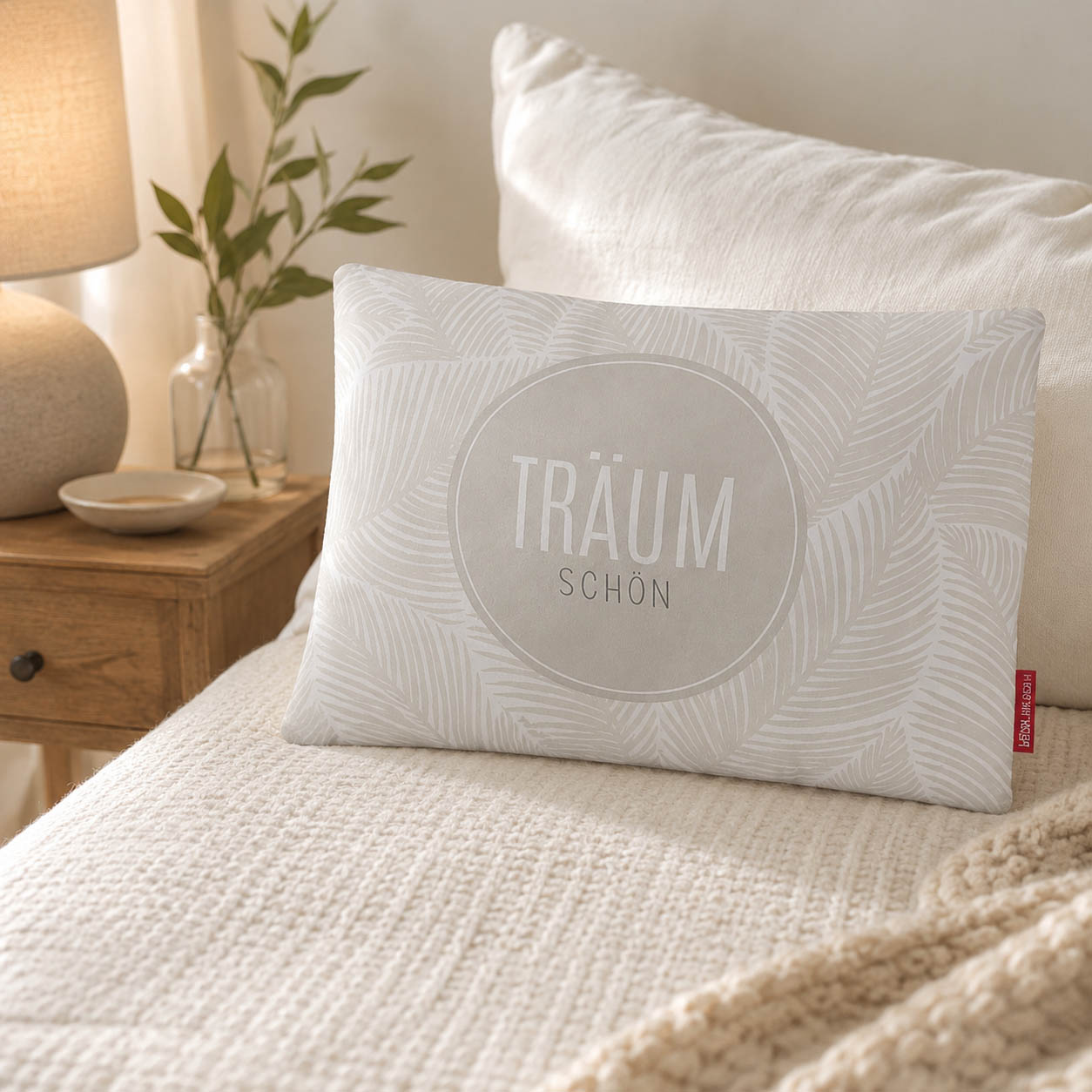 Kissen Träum schön aus der Relax-Serie mit Federmuster in Creme, cremefarbene Rückseite