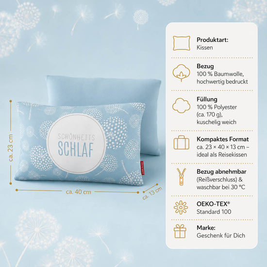 Produktdetails Kissen: 23 x 40 x 13 cm, Bezug 100 Prozent Baumwolle, Füllung 100 Prozent Polyester 170 g, waschbar bei 30 Grad, OEKO-TEX Standard 100