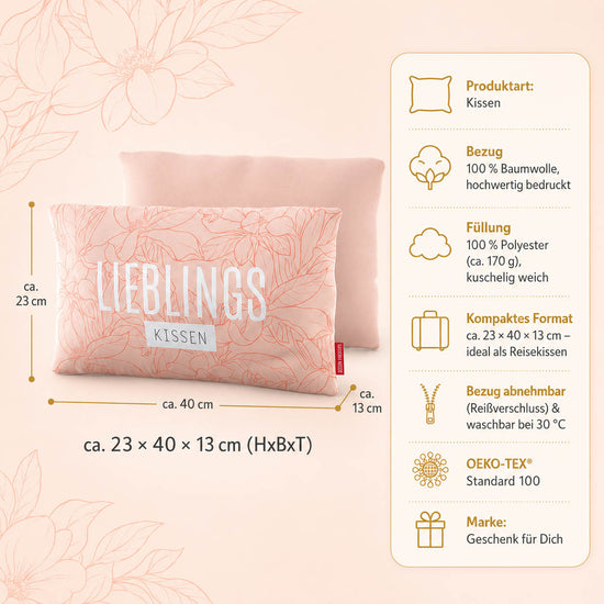 Produktdetails Kissen: 23 x 40 x 13 cm, Bezug 100 Prozent Baumwolle, Füllung 100 Prozent Polyester 170 g, waschbar bei 30 Grad, OEKO-TEX Standard 100