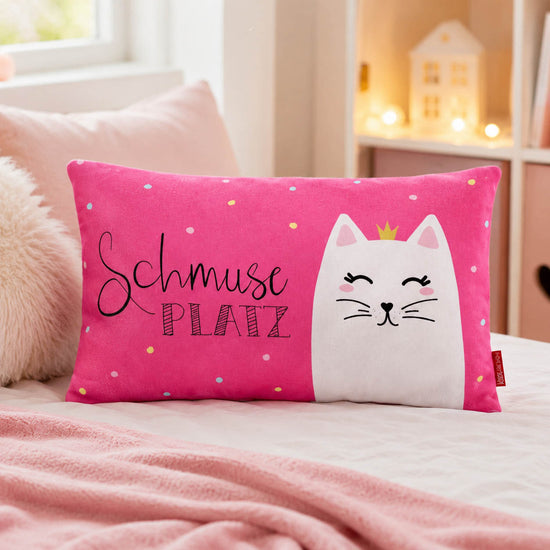 Kissen Katze Schmuseplatz in Pink mit Katzenmotiv und Krone, rosa Rückseite