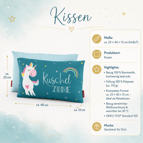 Produktdetails Kissen: 23 x 40 x 13 cm, Bezug 100 Prozent Baumwolle, Füllung 100 Prozent Polyester 170 g, waschbar bei 30 Grad, OEKO-TEX Standard 100