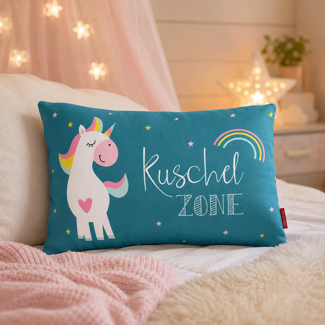 Kissen Einhorn Kuschelzone in Petrol mit Einhorn und Regenbogen, hellblaue Rückseite