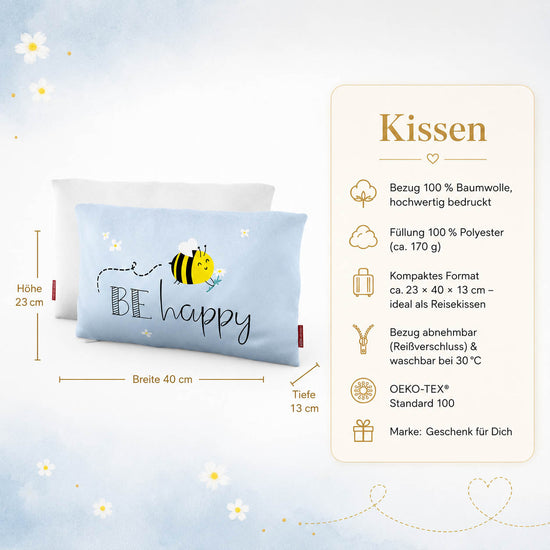 Produktdetails Kissen: 23 x 40 x 13 cm, Bezug 100 Prozent Baumwolle, Füllung 100 Prozent Polyester 170 g, waschbar bei 30 Grad, OEKO-TEX Standard 100