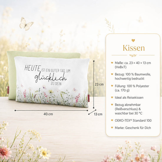Produktdetails Kissen: 23 x 40 x 13 cm, Bezug 100 Prozent Baumwolle, Füllung 100 Prozent Polyester 170 g, waschbar bei 30 Grad, OEKO-TEX Standard 100
