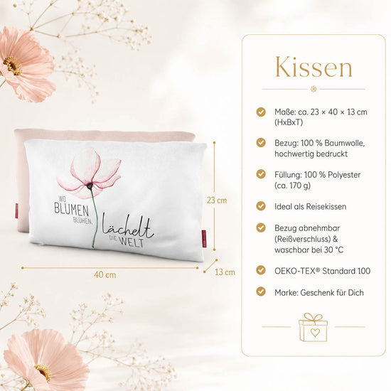 Produktdetails Kissen: 23 x 40 x 13 cm, Bezug 100 Prozent Baumwolle, Füllung 100 Prozent Polyester 170 g, waschbar bei 30 Grad, OEKO-TEX Standard 100