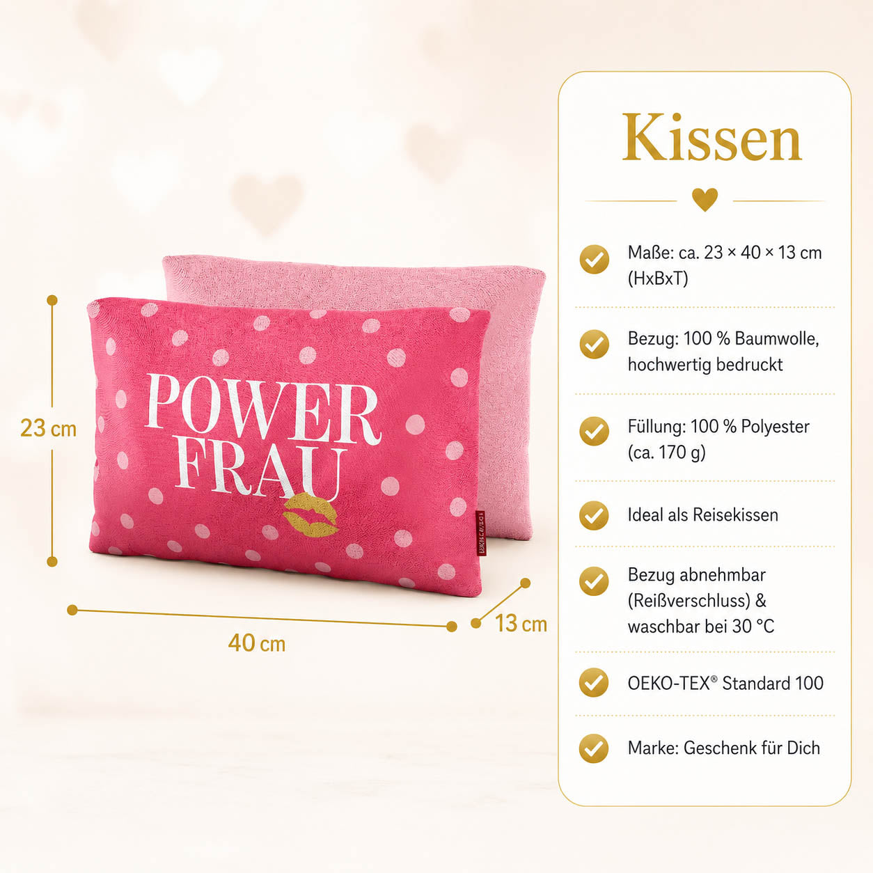 Kissen „Power Frau“ – 23 x 40 x 13 cm, Baumwollbezug, OEKO-TEX Standard 100