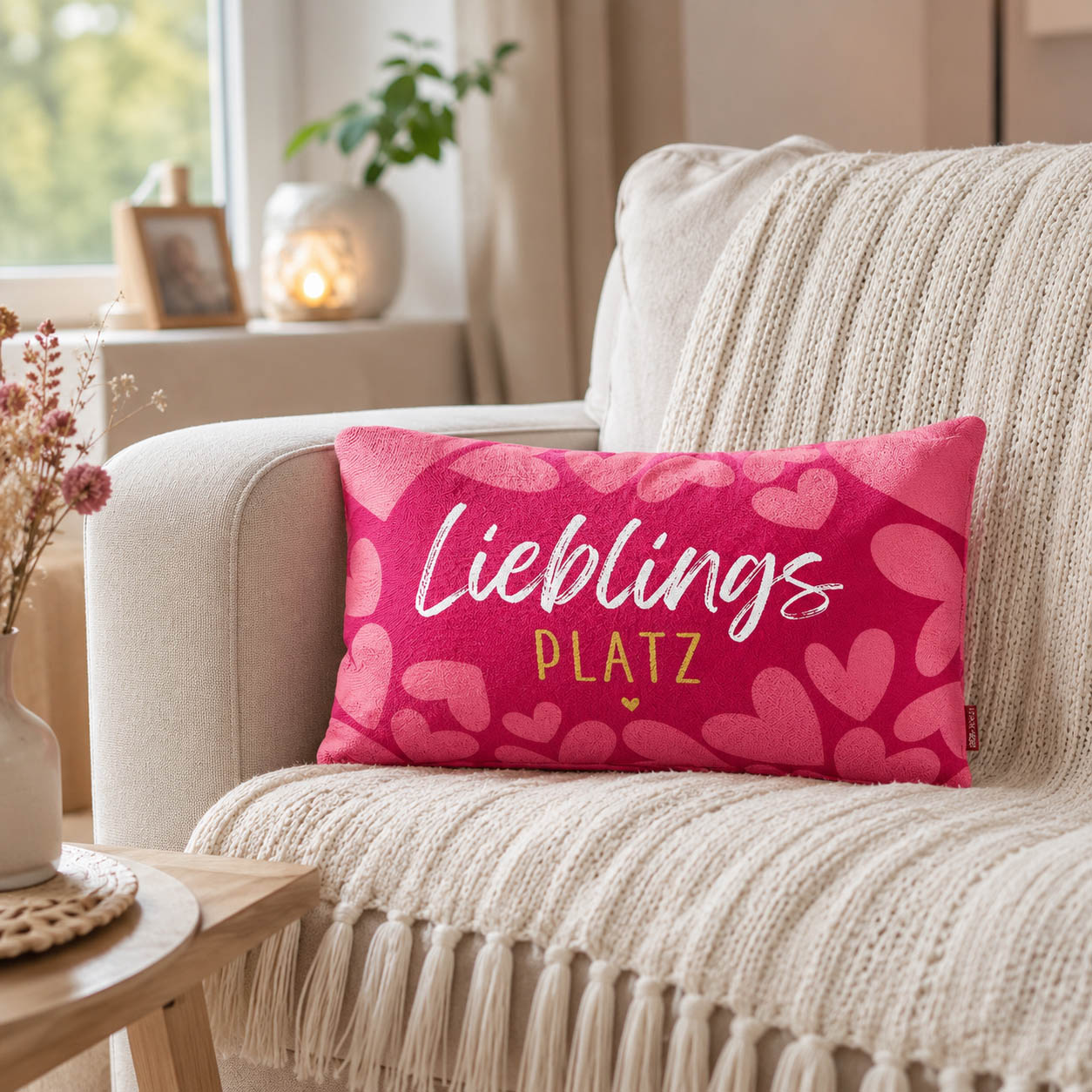 Pinkes Kissen „Lieblingsplatz“ mit Herzen – längliches Knuddelkissen für die Kuschelecke