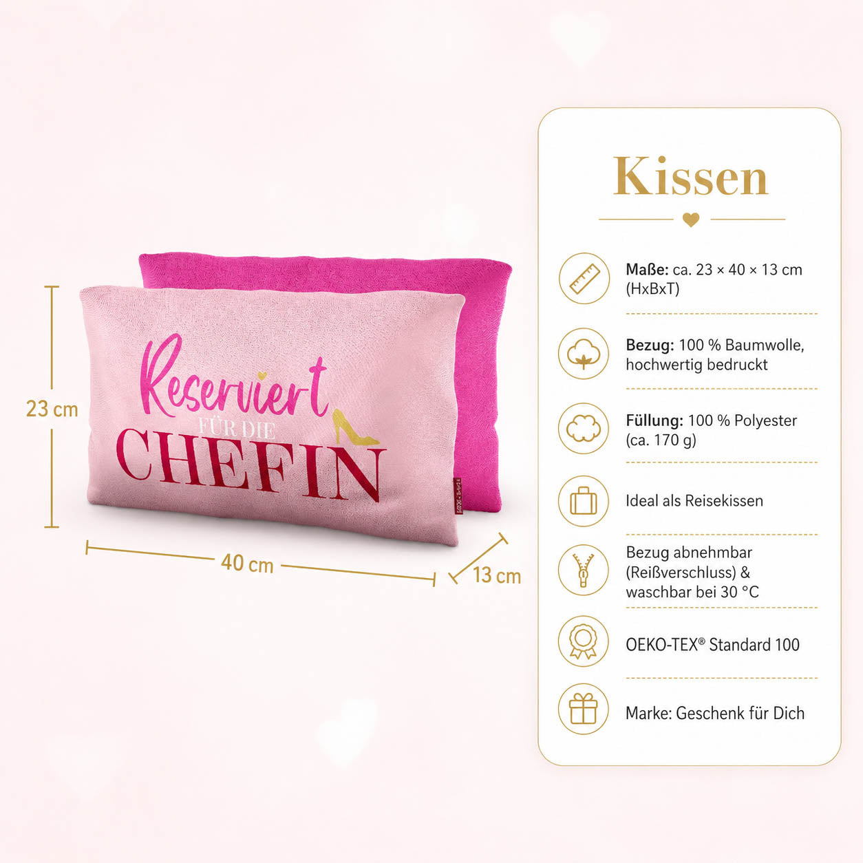 Kissen „Reserviert für die Chefin“ – 23 x 40 x 13 cm, Baumwollbezug, OEKO-TEX Standard 100