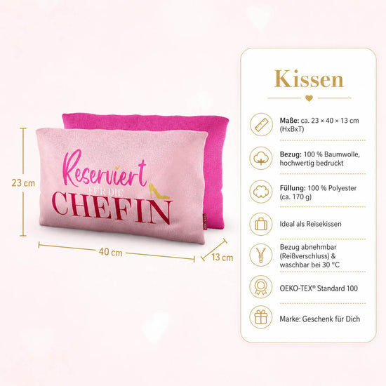 Kissen „Reserviert für die Chefin“ – 23 x 40 x 13 cm, Baumwollbezug, OEKO-TEX Standard 100