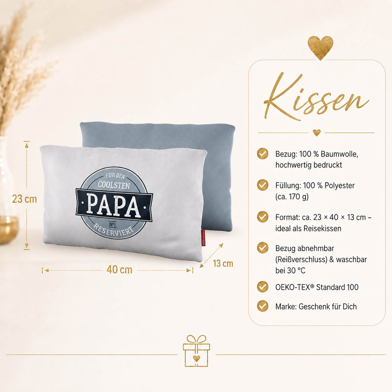 Kissen „Für den coolsten Papa reserviert“ – 23 x 40 x 13 cm, Baumwollbezug, OEKO-TEX Standard 100
