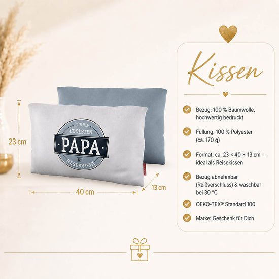 Kissen „Für den coolsten Papa reserviert“ – 23 x 40 x 13 cm, Baumwollbezug, OEKO-TEX Standard 100