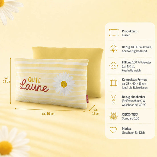 Produktdetails Kissen: 23 x 40 x 13 cm, Bezug 100 Prozent Baumwolle, Füllung 100 Prozent Polyester 170 g, waschbar bei 30 Grad, OEKO-TEX Standard 100