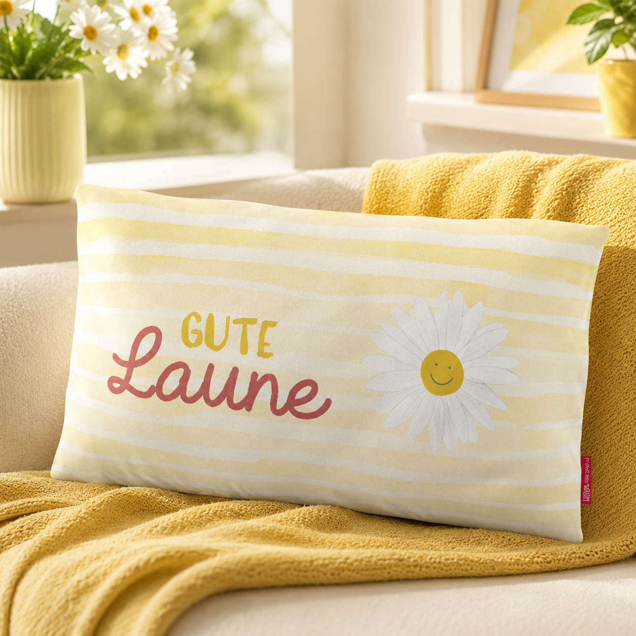 Kissen Gute Laune mit Margeriten-Motiv auf gelben Streifen, gelbe Rückseite