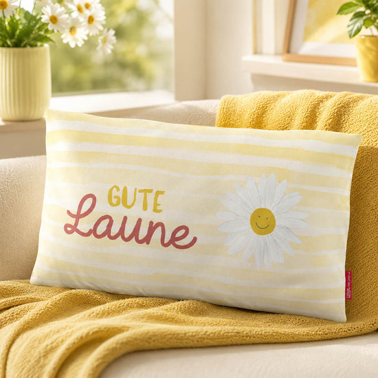 Kissen Gute Laune mit Margeriten-Motiv auf gelben Streifen, gelbe Rückseite