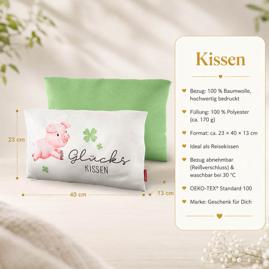 Produktdetails Kissen: 23 x 40 x 13 cm, Bezug 100 Prozent Baumwolle, Füllung 100 Prozent Polyester 170 g, waschbar bei 30 Grad, OEKO-TEX Standard 100