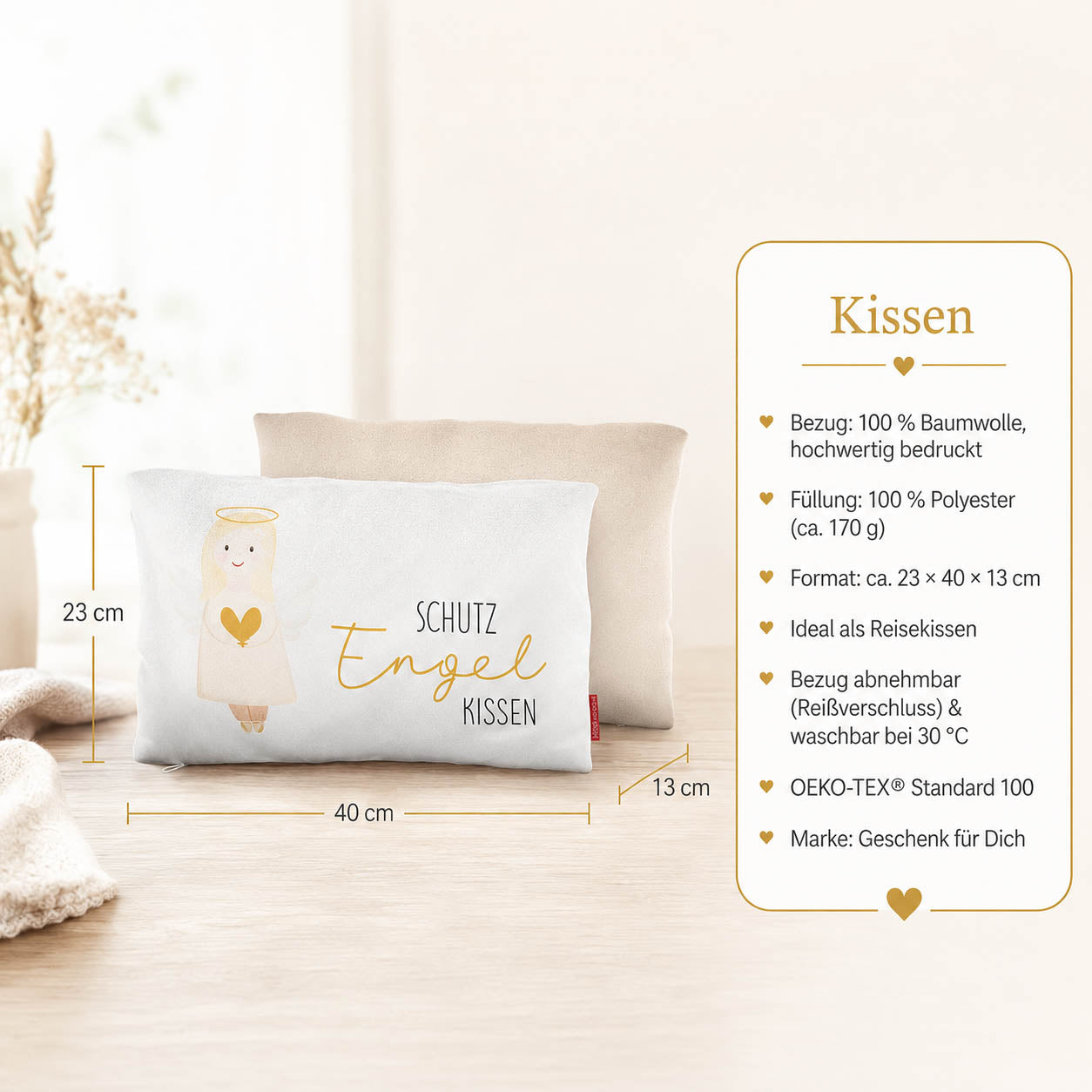 Produktdetails Kissen: 23 x 40 x 13 cm, Bezug 100 Prozent Baumwolle, Füllung 100 Prozent Polyester 170 g, waschbar bei 30 Grad, OEKO-TEX Standard 100
