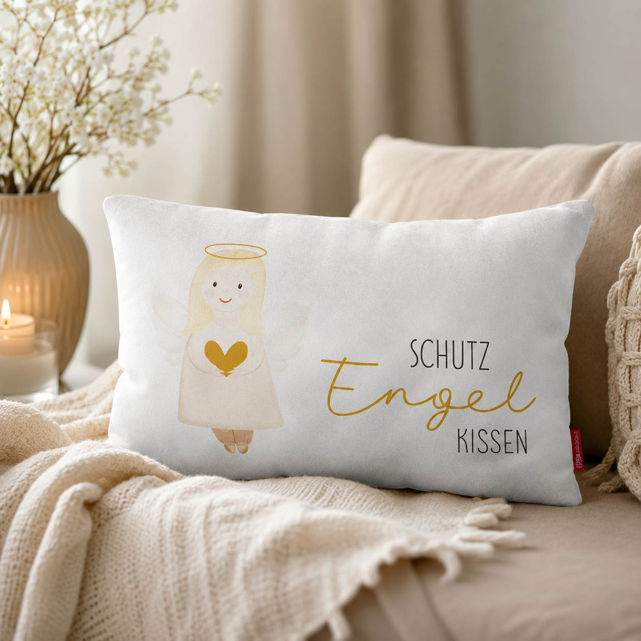 Schutzengel-Kissen mit Engel-Motiv und goldenem Herz, beige Rückseite, auf hellem Holz