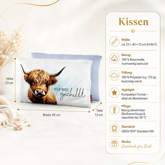 Kissen „Hier wird gechillt“ – 23 x 40 x 13 cm, Baumwollbezug, OEKO-TEX Standard 100