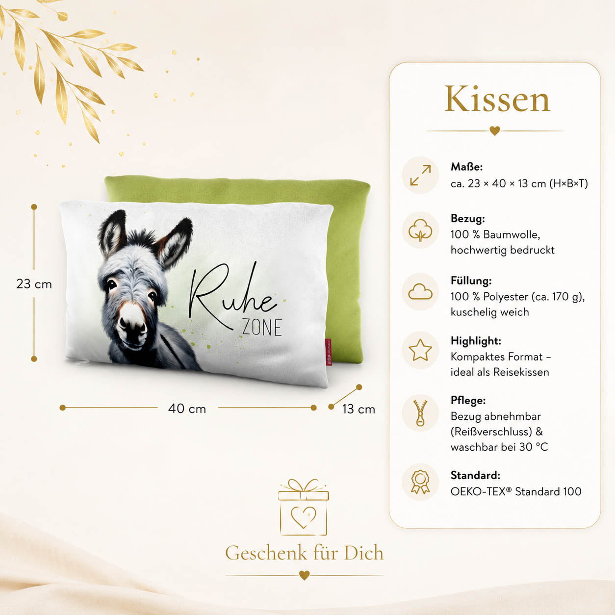 Kissen „Ruhezone“ – 23 x 40 x 13 cm, Baumwollbezug, OEKO-TEX Standard 100