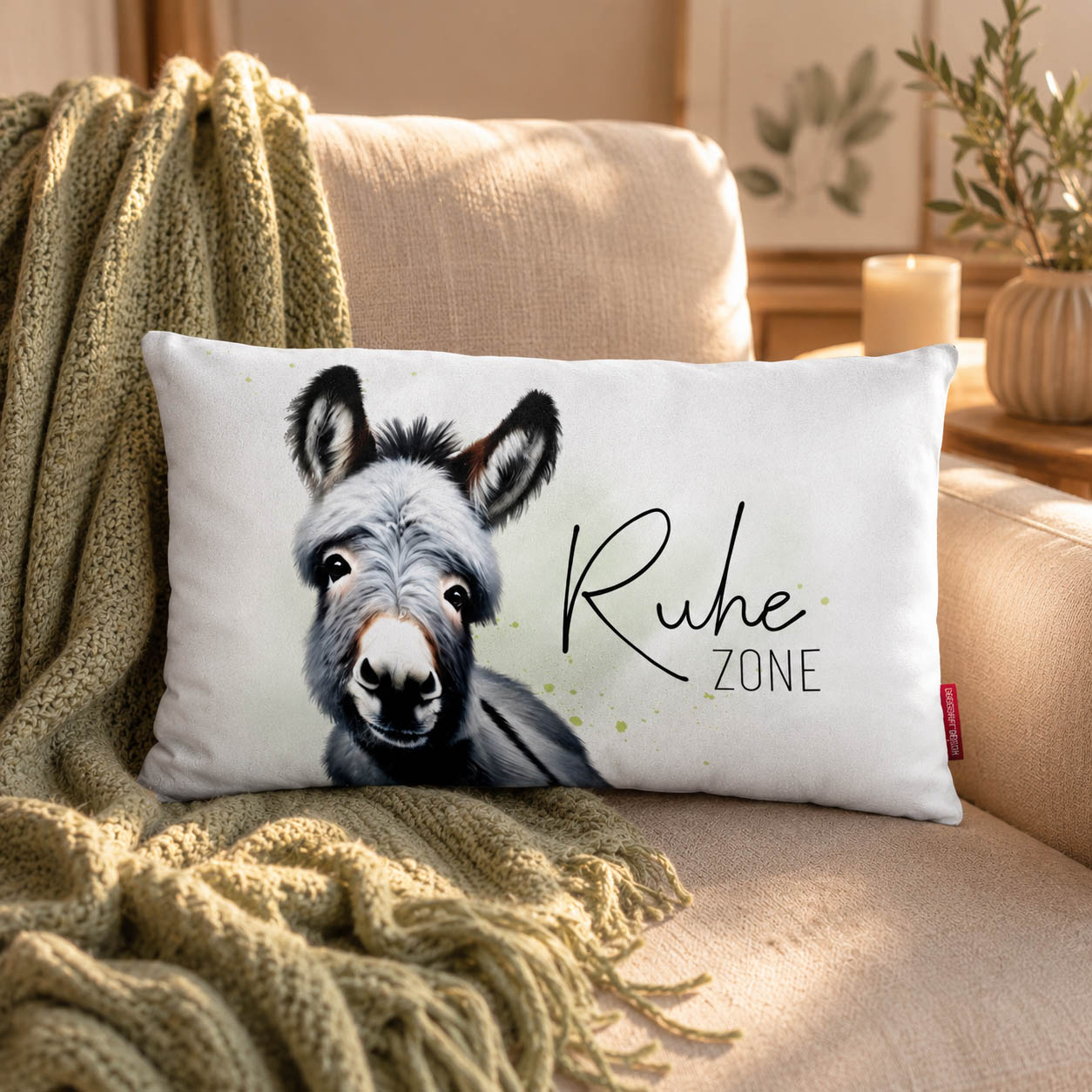 Esel Kissen „Ruhezone“ – längliches Knuddelkissen für Sofa und Leseecke
