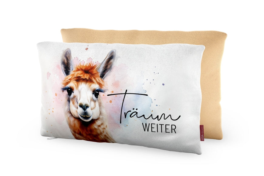 Geschenk für Dich Kissen mit süßem Alpaka Motiv und Spruch „Träum weiter“