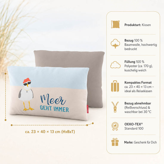 Produktdetails Kissen: 23 x 40 x 13 cm, Bezug 100 Prozent Baumwolle, Füllung 100 Prozent Polyester 170 g, waschbar bei 30 Grad, OEKO-TEX Standard 100