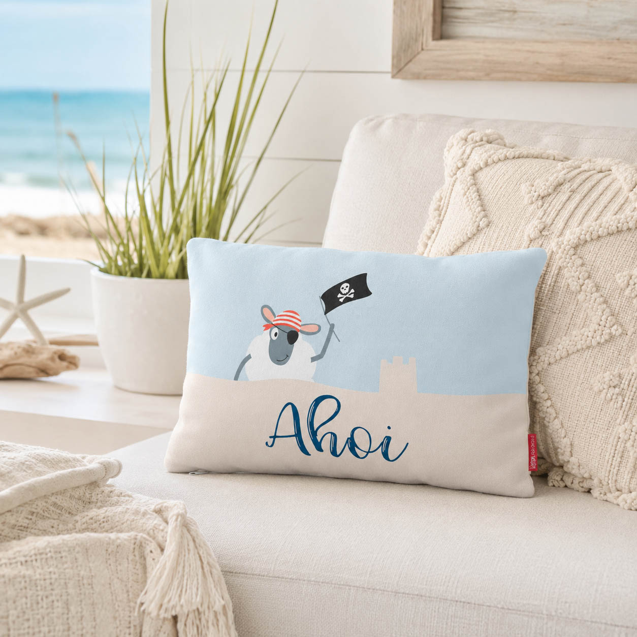 Mood Bild Kissen Ahoi mit süßem Schaf als Pirat in Hellblau und Beige