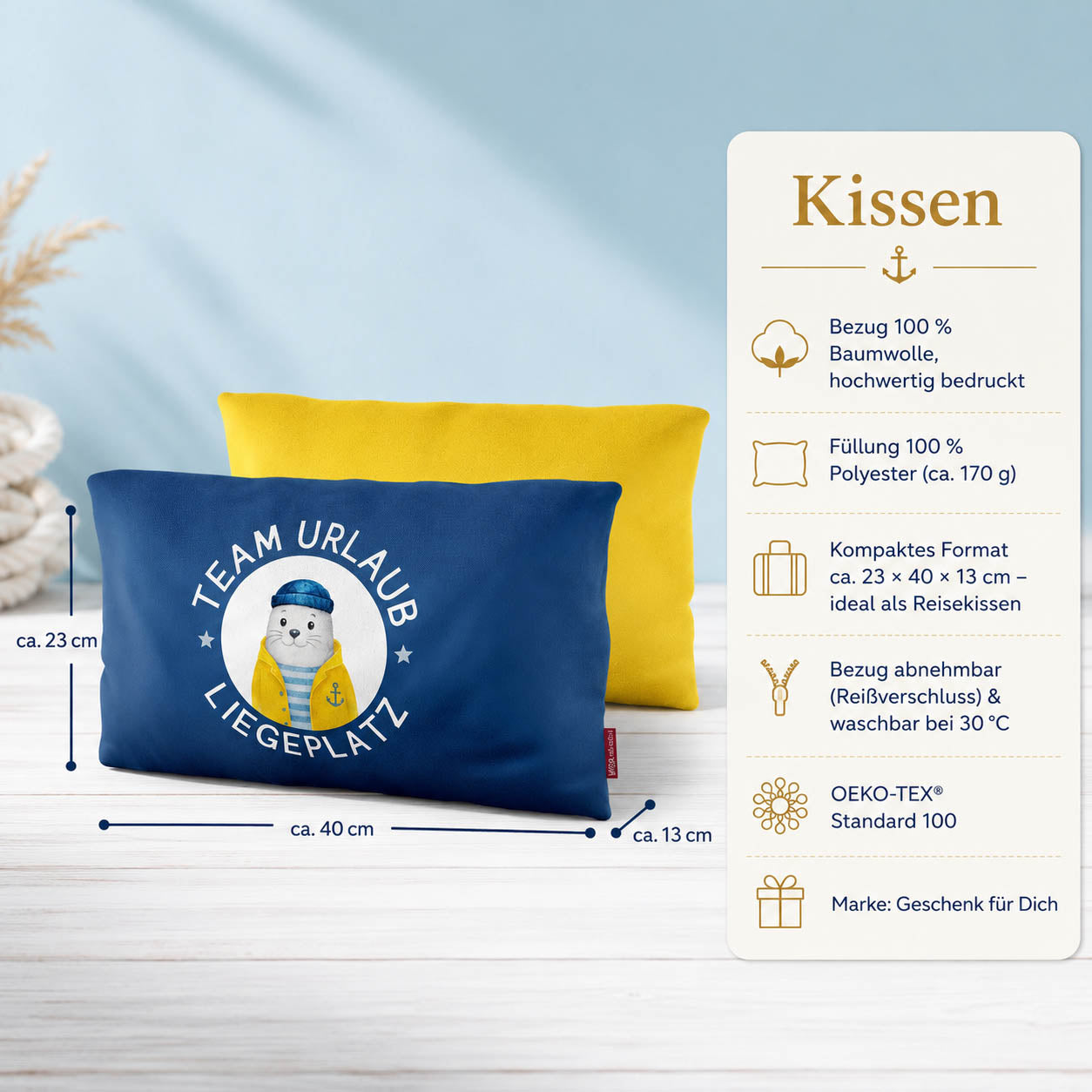 Produktdetails Kissen: 23 x 40 x 13 cm, Bezug 100 Prozent Baumwolle, Füllung 100 Prozent Polyester 170 g, waschbar bei 30 Grad, OEKO-TEX Standard 100
