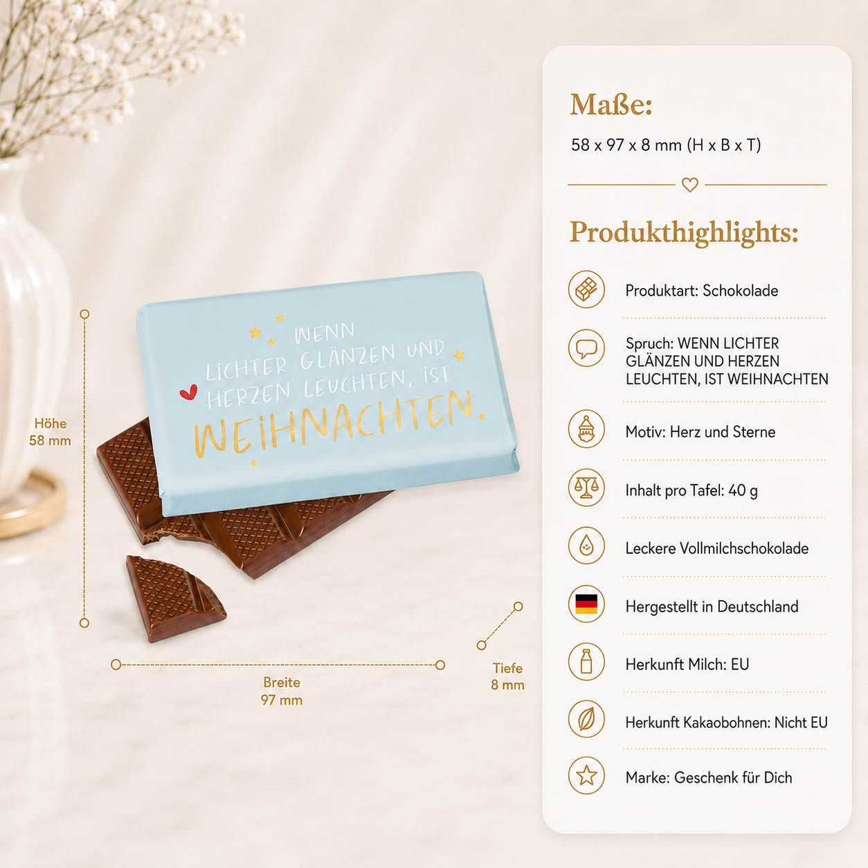 Weihnachtsschokolade mit Spruch Wenn Lichter glänzen und Herzen leuchten ist Weihnachten, hellblau mit Herz und Sternen, Vollmilch 40 g – Geschenk für Dich – Produkt-Highlights