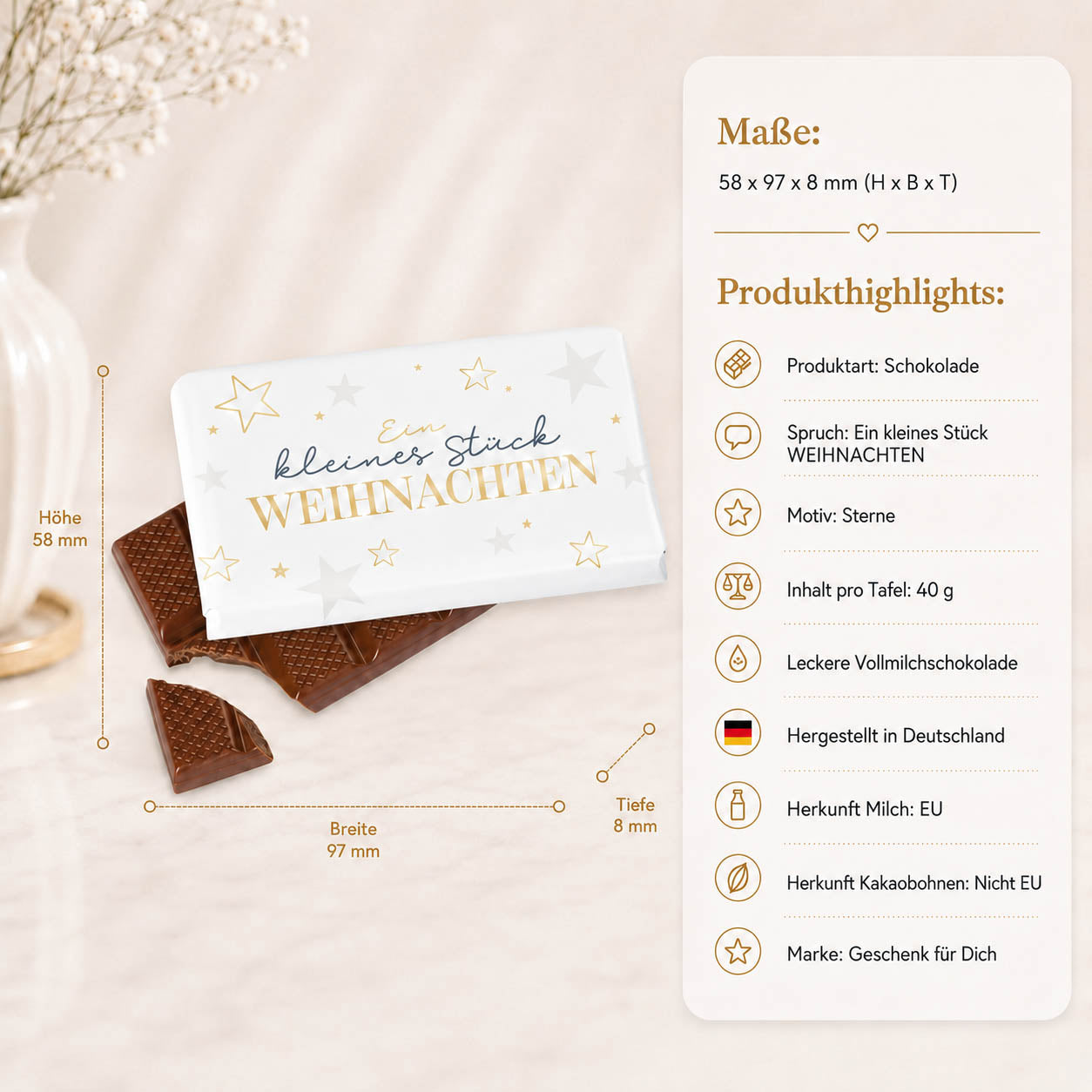 Weihnachtsschokolade mit Spruch Ein kleines Stück Weihnachten, weiß mit goldenen Sternen, Vollmilch 40 g – Geschenk für Dich – Produkt-Highlights