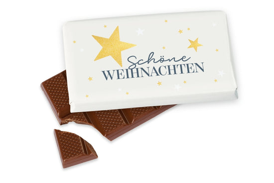 Weihnachtsschokolade mit Spruch Schöne Weihnachten, creme mit großem goldenen Stern, Vollmilch 40 g – Geschenk für Dich