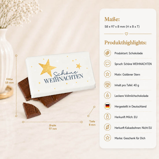Weihnachtsschokolade mit Spruch Schöne Weihnachten, creme mit großem goldenen Stern, Vollmilch 40 g – Geschenk für Dich – Produkt-Highlights