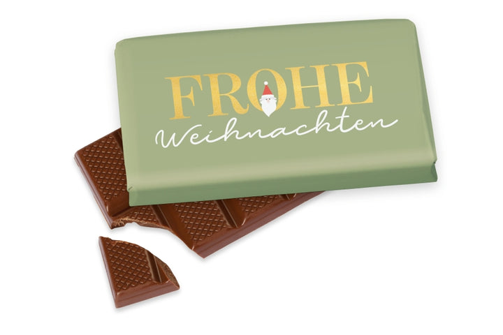 Weihnachtsschokolade mit Spruch Frohe Weihnachten, salbeigrün mit Weihnachtsmann-Motiv, Vollmilch 40 g – Geschenk für Dich