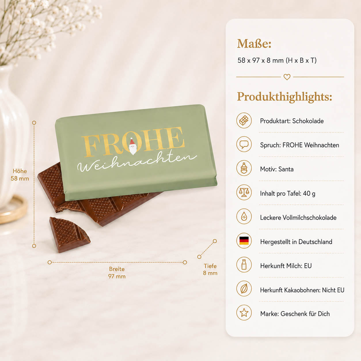 Weihnachtsschokolade mit Spruch Frohe Weihnachten, salbeigrün mit Weihnachtsmann-Motiv, Vollmilch 40 g – Geschenk für Dich – Produkt-Highlights